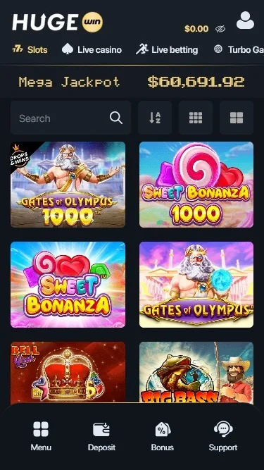 HugeWin no telemóvel — lobby de jogos